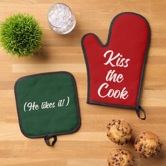 Kus de kok Grappig kerstcadeau rood groen Ovenwant & Pannenlap Set (Top down)