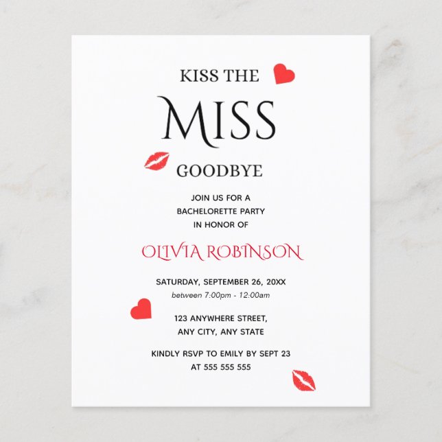 Kus de Miss Goodbye Bachelorette Party Uitnodigen (Voorkant)