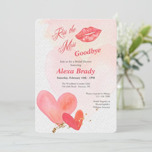 Kus de Miss Goodbye bruids douche uitnodiging (Staand voorkant)