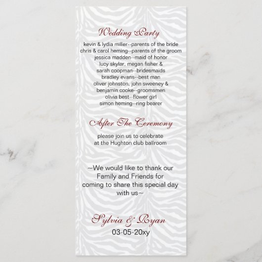 Kus en snor zebra strepen bruiloft programma programmakaart (Achterkant)