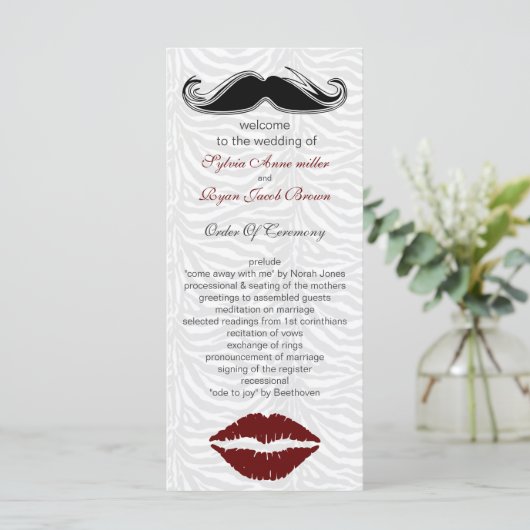 Kus en snor zebra strepen bruiloft programma programmakaart (Staand voorkant)