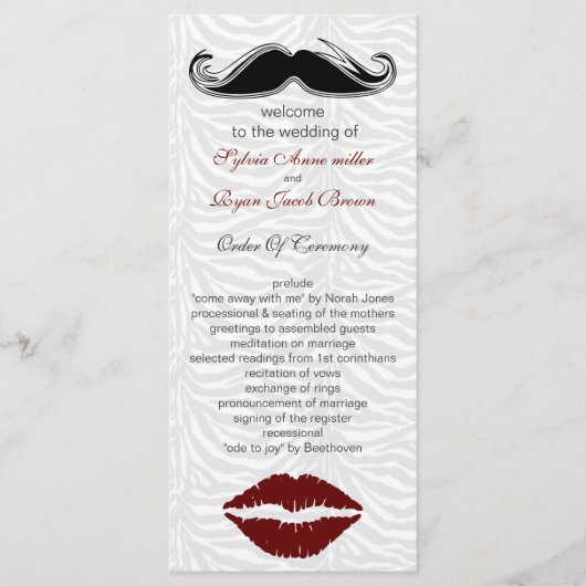 Kus en snor zebra strepen bruiloft programma programmakaart (Voorkant)