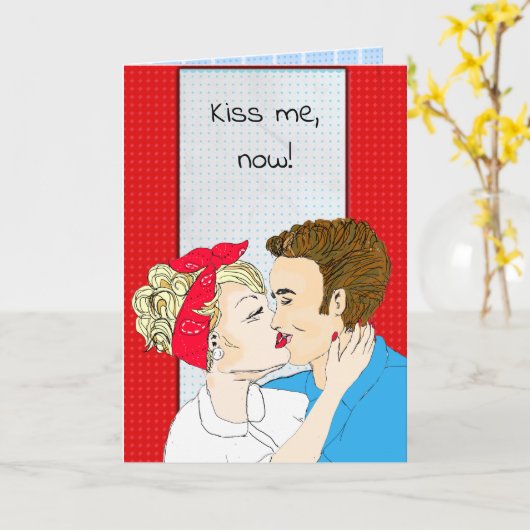 Kus ik van de hand getekende retroArt Couple Kaart (Gele Bloem)