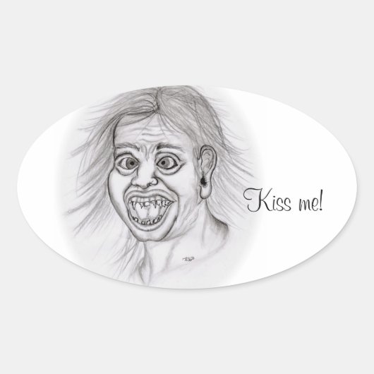 Kus me! Potlood dat zwart-wit Ontwerp trekt Ovale Sticker (Voorkant)
