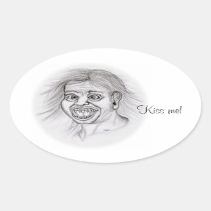 Kus me! Potlood dat zwart-wit Ontwerp trekt Ovale Sticker