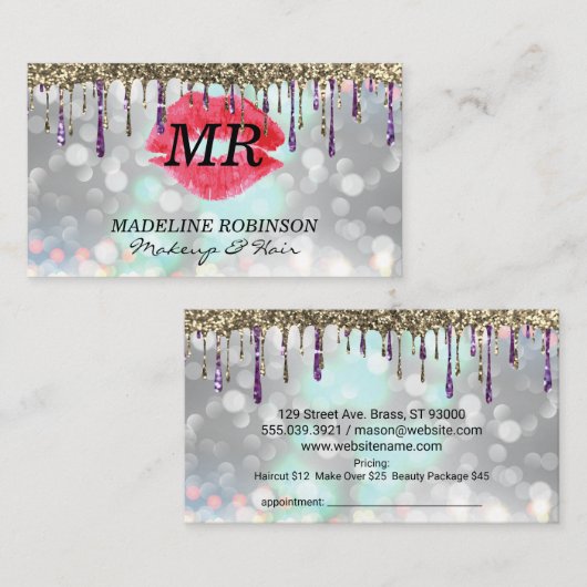 Kus & Monogram | Glitter Gold Paars | Boke Afsprakenkaartje (Voorkant / Achterkant)