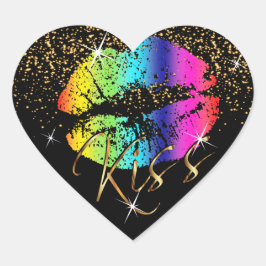 Kus regenbooglippen met gouden glitter hart sticker