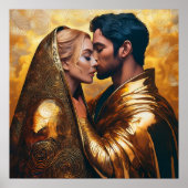 Kus tussen geliefden op gouden achtergrond |  poster (Voorkant)