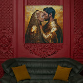 Kus tussen geliefden op gouden achtergrond |  poster