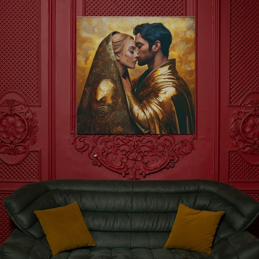 Kus tussen geliefden op gouden achtergrond |  poster