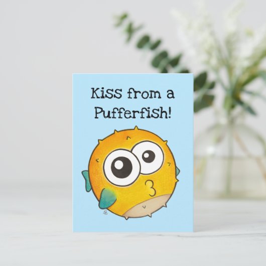 Kus uit een Pufferfish, Cute Yellow Blowfish Briefkaart (Staand voorkant)