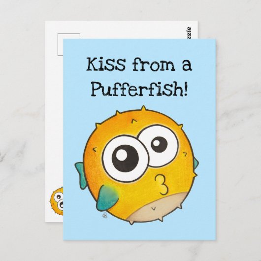 Kus uit een Pufferfish, Cute Yellow Blowfish Briefkaart (Voorkant / Achterkant)