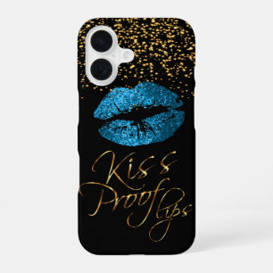 Kusbestendig met gouden confetti en blauwe lippen iPhone 16 hoesje