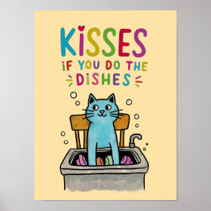 Kusjes als je de afwas doet schattige kat afwassen poster