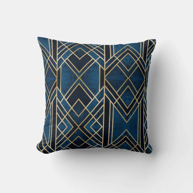 Kussen - Art Deco Blauw & Goud Gespeild (Voorkant)