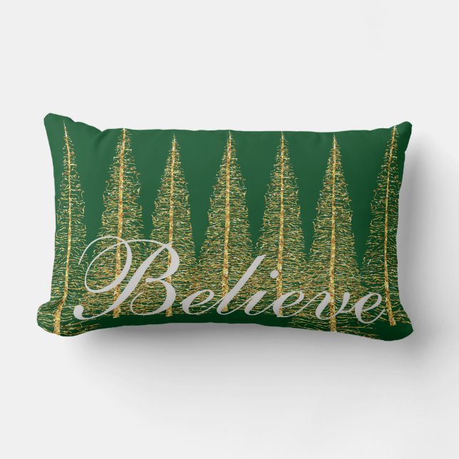 Kussen Believe on Green Christmas Lumbar (Voorkant)