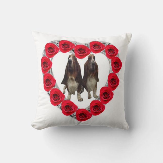 Kussen Diamond Rode Hart Rozen met Basset Hounds (Voorkant)