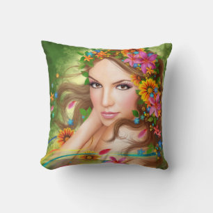 Kussen Fantasie Mooie fee vrouw met bloemen
