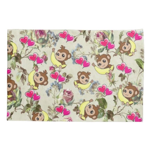 Kussen Hoesje Aap Bananen Roze Harten Bloemen Kussensloop (Achterkant)