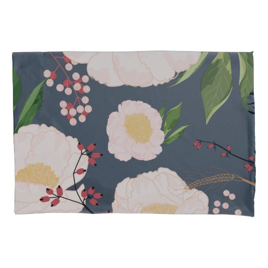 Kussen Hoesjes Wit Bloemen op Donkerblauw Kussensloop (Voorkant-Links)