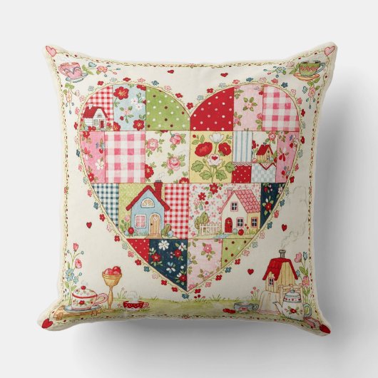 Kussen in landelijke patchwork hartstijl. (Voorkant)