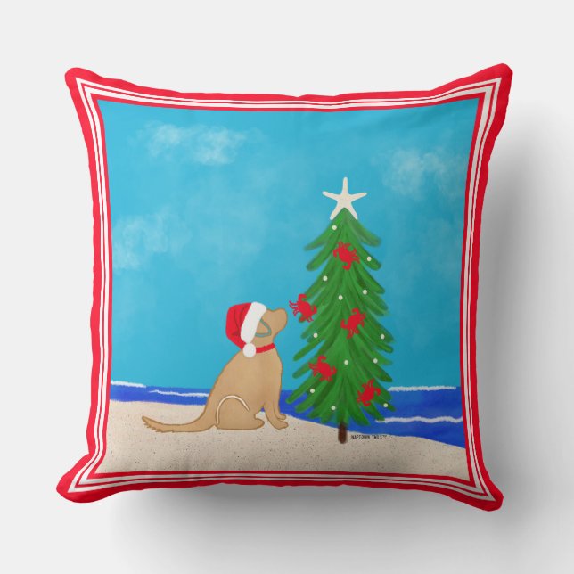 Kussen Kust Gouden Hond Strand Kerstmis 2025 (Voorkant)