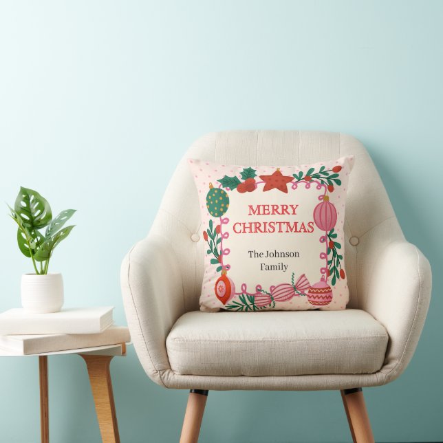 Kussen met eigen familienaam | Roze Doodle-ornamen (Stoel)