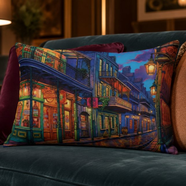 Kussen met Franse wijk 16x12 accent (New Orleans Art | French Quarter Art | Bourbon Street Neon Jazz Print Pillow)