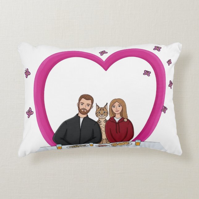 Kussen met romantisch hart en knuffelpaar met kat (Voorkant)