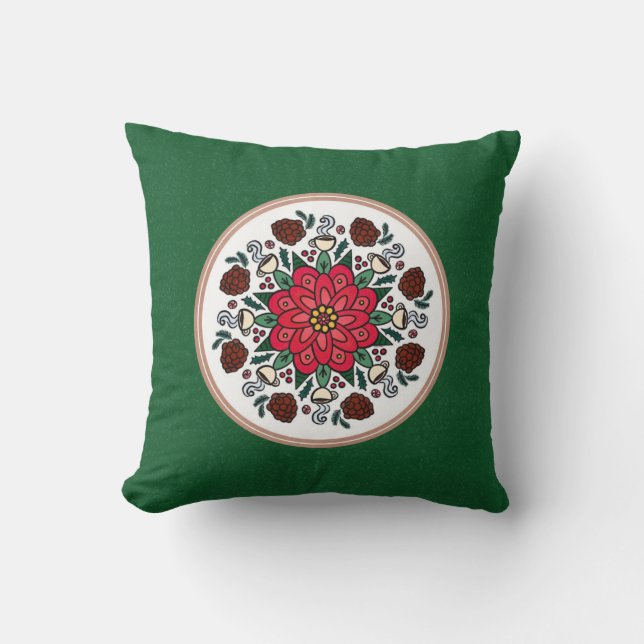 Kussen Poinsettia & Denneappels Mandala (Voorkant)