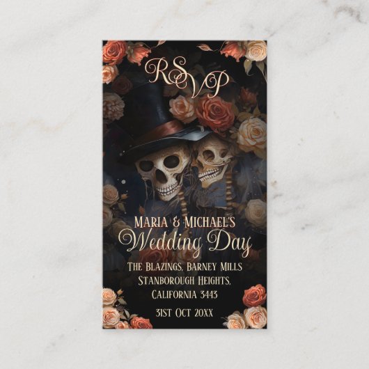 Kussen Skeletten RSVP Gotische Bruiloft Informatiekaartje (Voorkant)