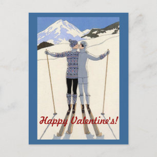 Kussen skiërs paar - Happy Valentijns's Feestdagenkaart
