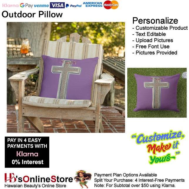 Kussen voor buiten met paarse achtergrond (Cross Outdoor Throw Pillow with Purple Background.)