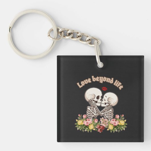 Kussend skeletkoppel met bloemgotiek sleutelhanger (Voorkant)