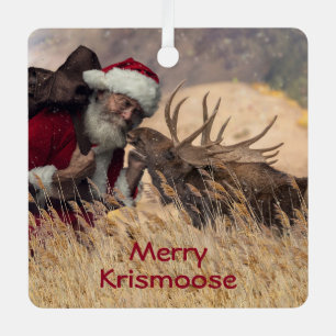 Kussende Kerstman en Eland Metaal Ornament