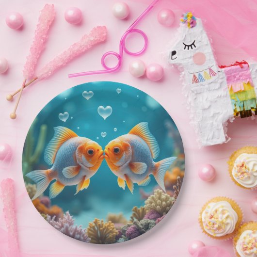 Kussende vis met hartbellen papieren bordje (Feest)
