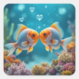 Kussende vis met hartbellen vierkante sticker