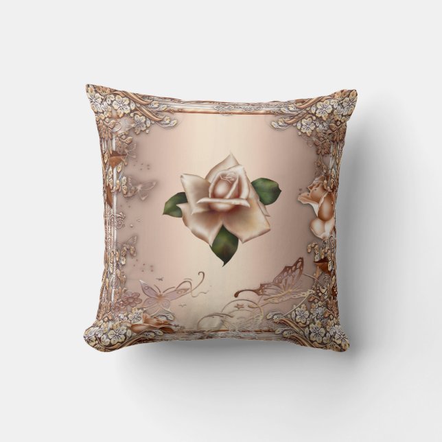 Kussens Rozen Beige Crème Goud Bloem (Voorkant)