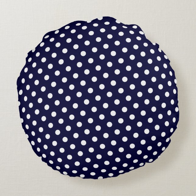Kussens van Navy Blue en White Polka Dot Round (Achterkant)