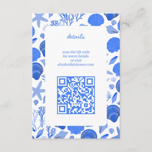 Kussenschelpen Bruidsfeest chic blauwe strand Aang Informatiekaartje (Voorkant)