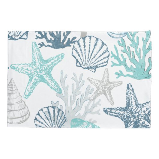 Kussensloop Blauwgroen Blue Seashells Zeesterren K (Achterkant)