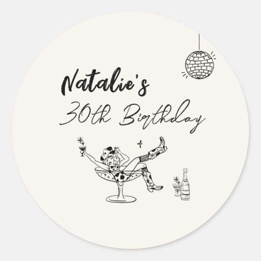 Kust 30e Hand getrokken Cream Koe Meisje Verjaarda Ronde Sticker (Voorkant)