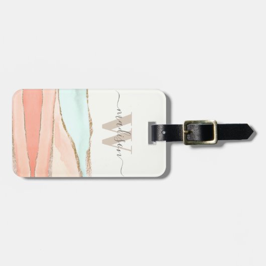 Kust Abstract Aquarel met Naam en Monogram Bagagelabel (Voorkant horizontaal)