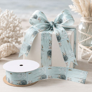 Kust aqua blauwe strand hout zeester schelp satijnen lint