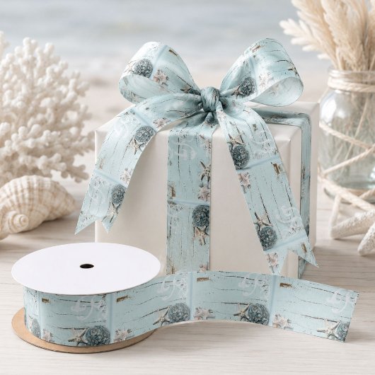 Kust aqua blauwe strand hout zeester schelp satijnen lint