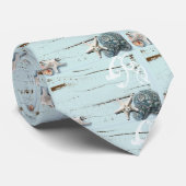 Kust aqua blauwe strand hout zeester schelp stropdas (Opgerold)