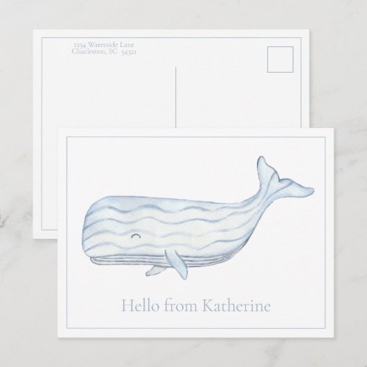 Kust Aquarel Blauwe Walvis Gepersonaliseerd Briefkaart (Voorkant / Achterkant)