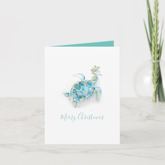 Kust Aquarel Zeeschildpad Strand Kerstkaart Feestdagen Kaart (Voorkant)