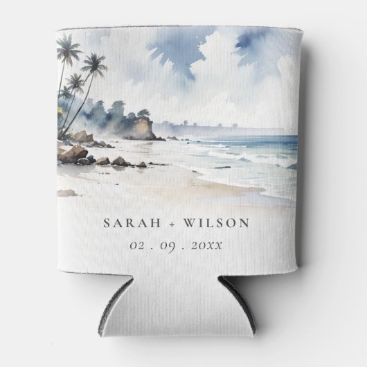 Kust Bali Beach Palm Tree Waterverf Bruiloft Blikjeskoeler (Voorkant)