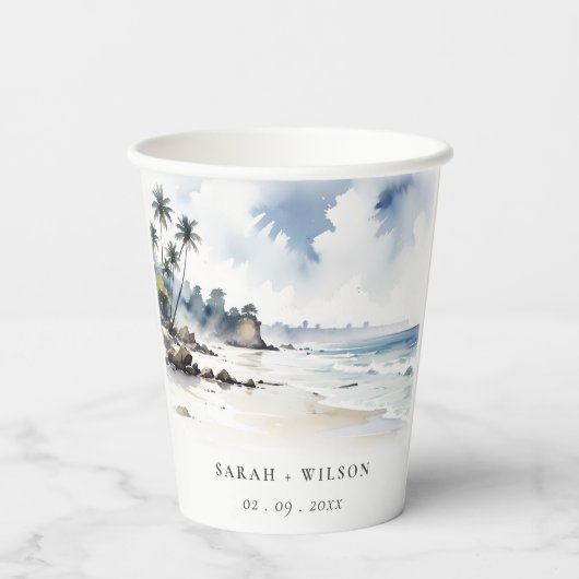 Kust Bali Beach Palm Tree Waterverf Bruiloft Papieren Bekers (Achterkant)